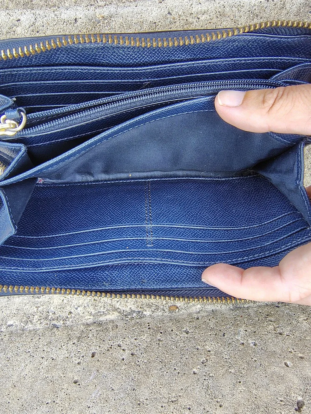 Coach Navy Blue Studded Pebbled Leather Zip-Around Wallet
